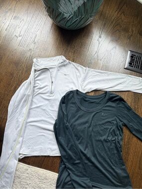Nike Duo: White Quarter-Zip & dark green Scoop-Neck Tops